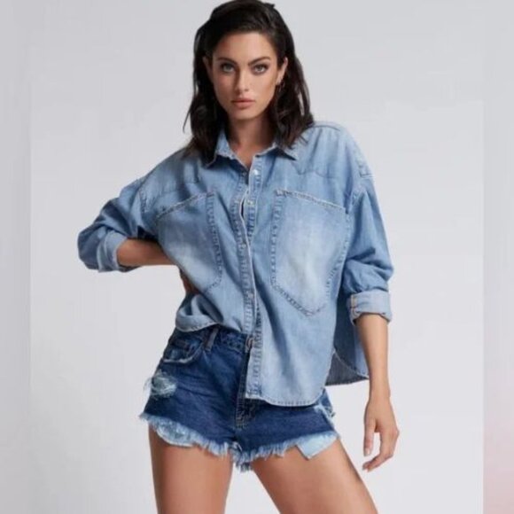 One Teaspoon Tops - One Teaspoon Revolver Long Sleeve Oversized Denim Jean Shirt Large 36189
